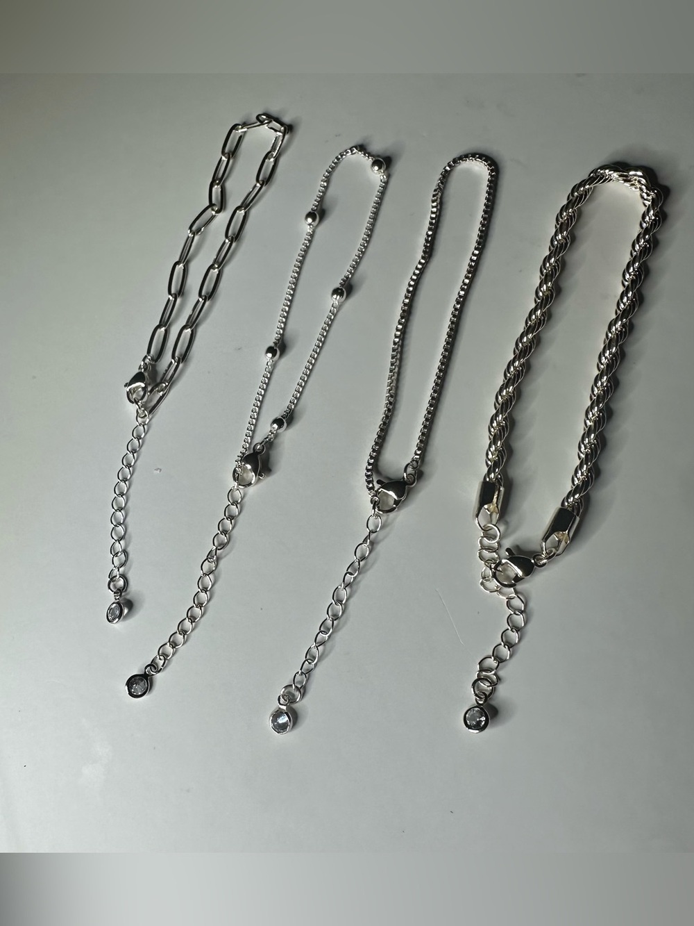 Silver Tone 4-Piece Stackable Bracelet Set | Paperclip Rope Beaded Box Chain - Picture 5 of 8